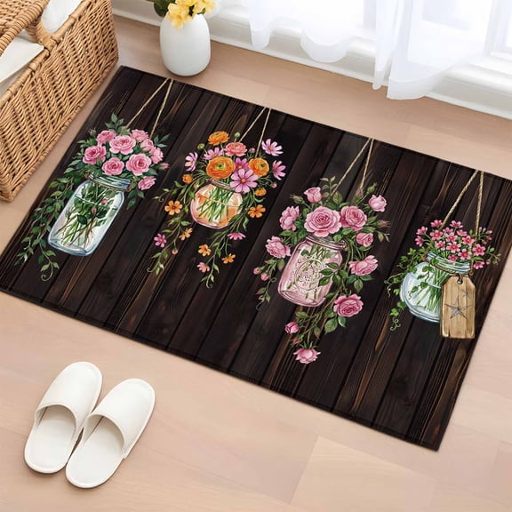 Vase Flowers 2'x3' Rug for Entryway Front Door Kitchen Sink Area, Spring Pink Orange Floral Brown Wood Grain Low Pile Washable Non Slip Rectangle Area Rug