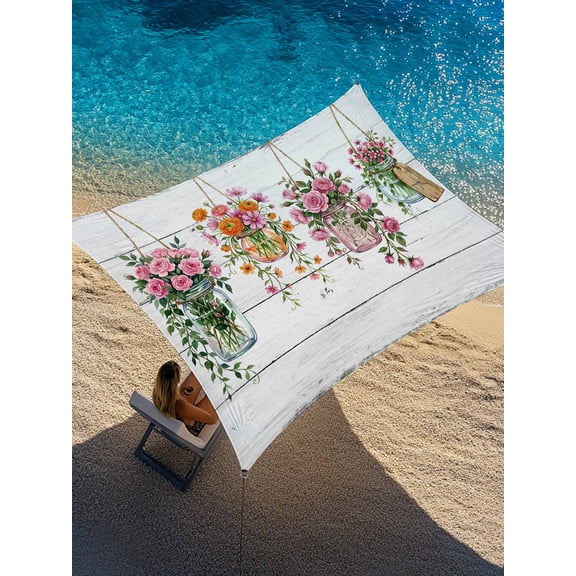 Vase Flowers Sun Shade Sail 6.5' x 10', Spring Pink Orange Floral White Wood Grain Rectangle Outdoor Sunshade Canopy, Waterproof UV Block Patio Covers for Garden Yard Beach