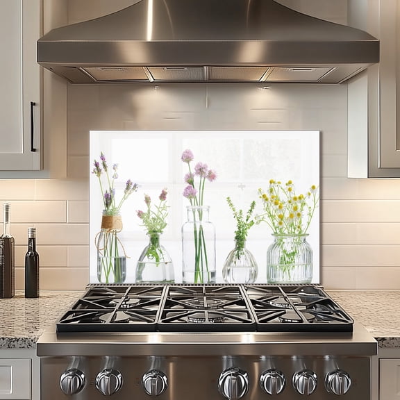 Vase Flowers Tempered Glass Backsplash For Kitchen Behind Stove,Stove Back Top Cover,Easy to Clean Glass Splashback, Sink Cover Splash Guard,Home Kitchen Wall Decor