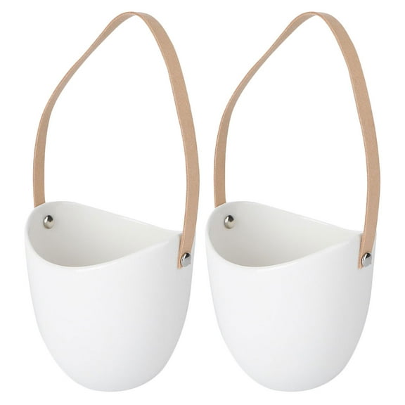 ifundom White Ceramic Wall Planter Set of 2 with PU Hanger for Office and Living Room Decor