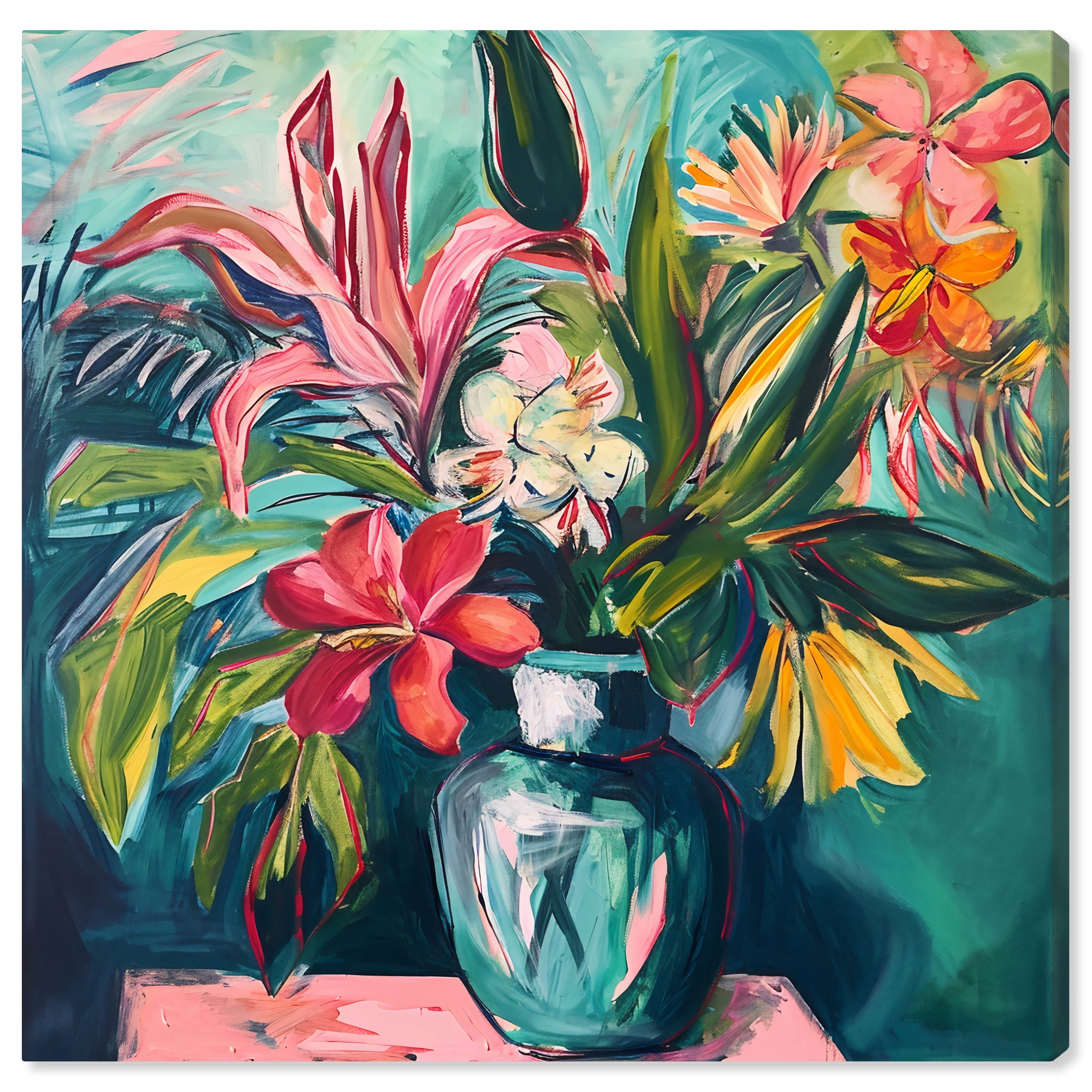 Vibrant Tropical Flowers in Teal Vase Canvas Art, 12" x 12"