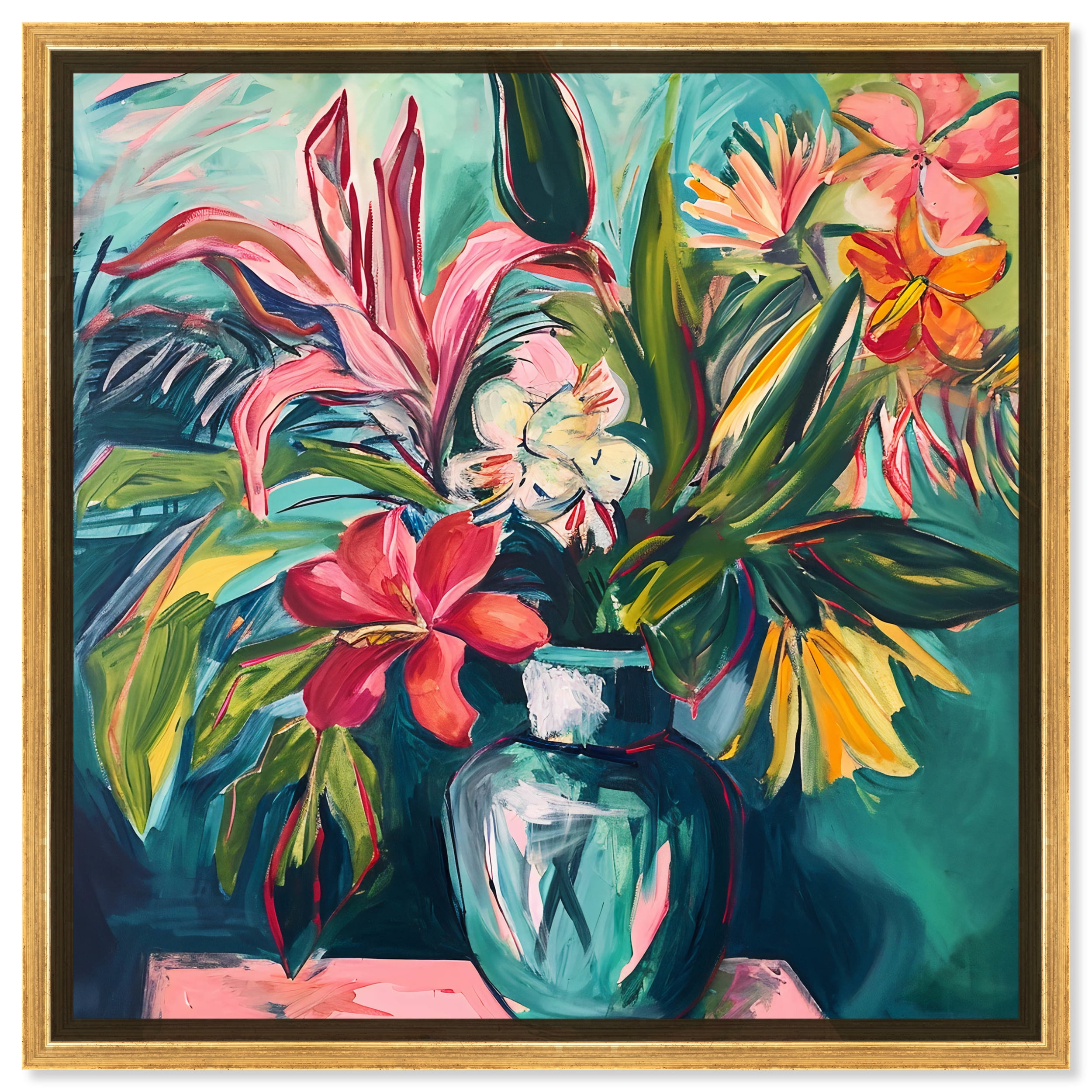 Bright Tropical Flowers Painting on Canvas with Gold Frame, 21.5" x 21.5"