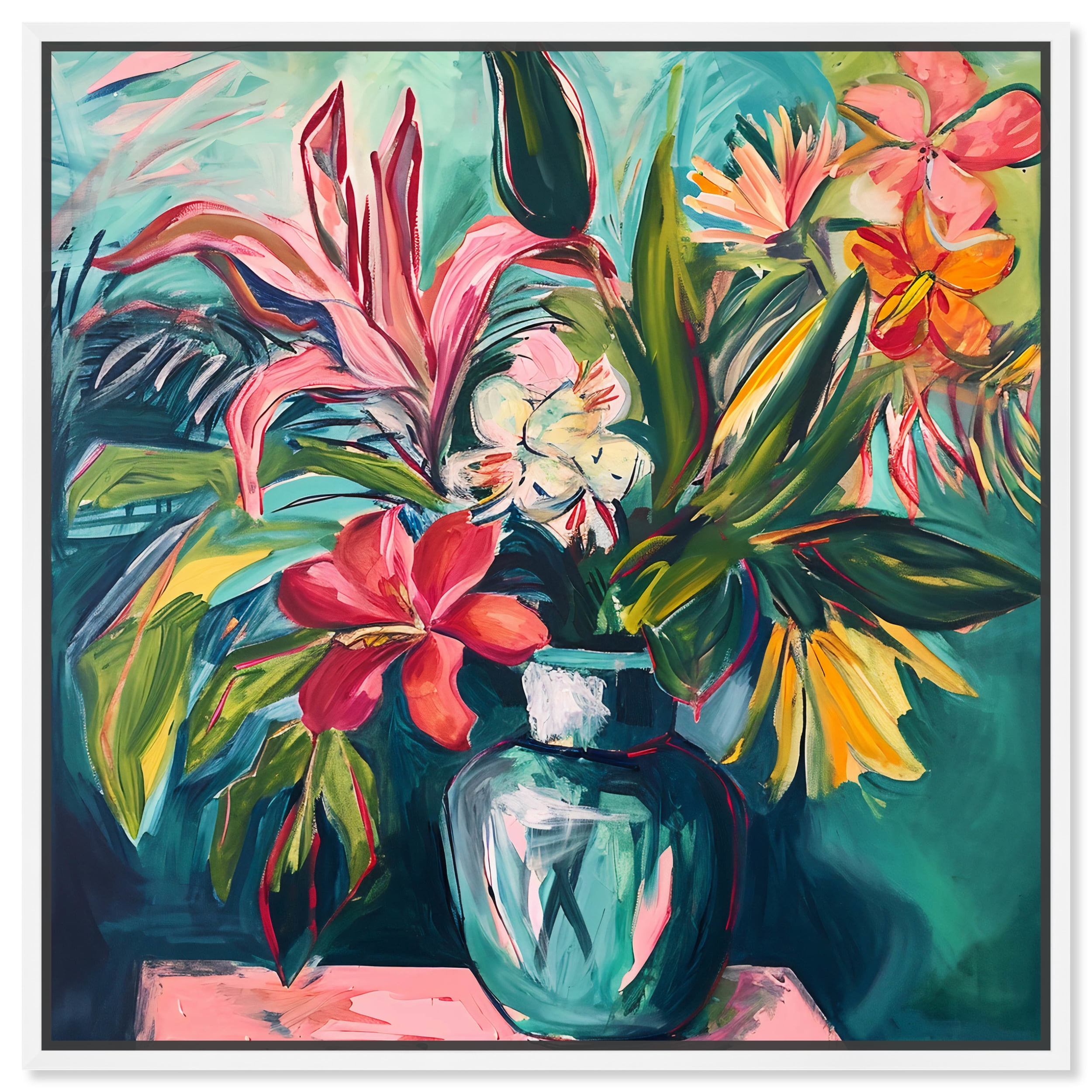Bright Tropical Flowers on Canvas with White Frame, 31" x 31"