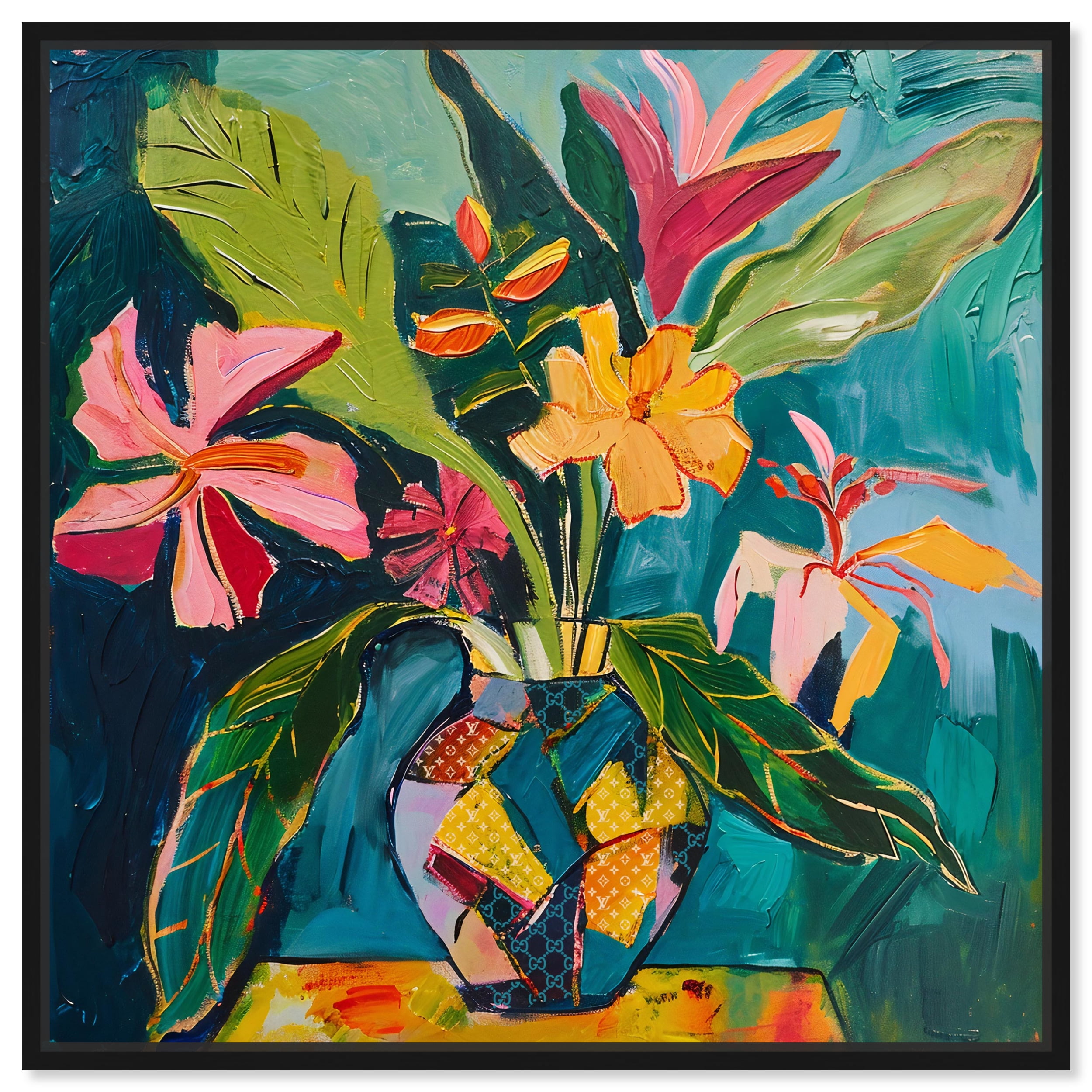 Vibrant Tropical Flowers Painting on Canvas with Black Frame