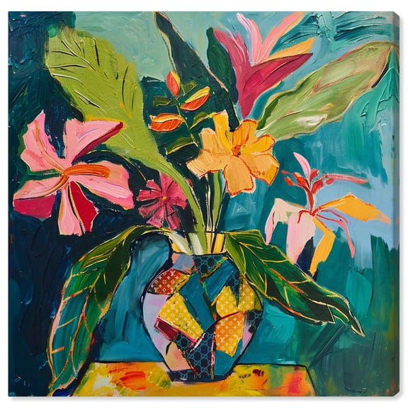 Vase Of Tropical Flowers II Flowers In Vase Paintings Canvas Wall Art by Art Remedy, Gallery Wrapped, 30" x 30"