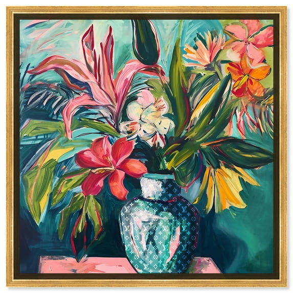Vase Of Tropical Flowers In Vase Paintings Canvas Wall Art by Art Remedy, Gold Floater Frame, 17.5" x 17.5"