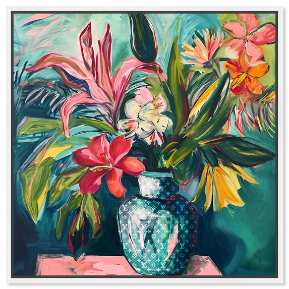 Vase Of Tropical Flowers In Vase Paintings Canvas Wall Art by Art Remedy, White Floater Frame, 31" x 31"