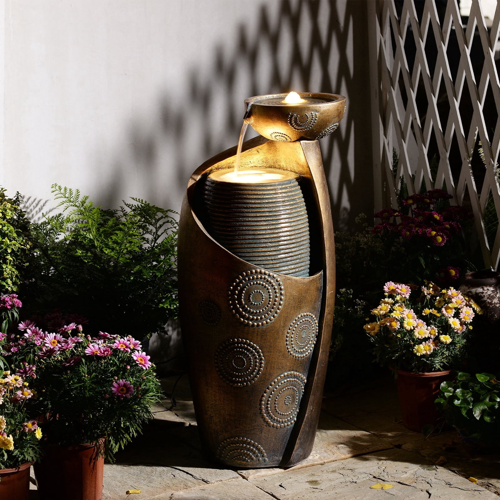 Vase Outdoor Water Fountain, 31.4''H Jar Waterfall Fountain with Warm LED Lights&Durable Pump for Yard, Porches, Home Décor,Garden,Office