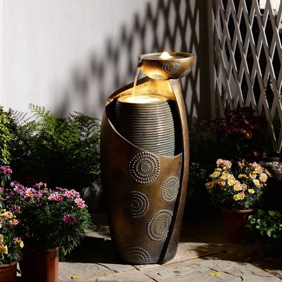 Vase Outdoor Water Fountain, 31.4''H Jar Waterfall Fountain with Warm LED Lights&Durable Pump for Yard, Porches, Home Décor,Garden,Office