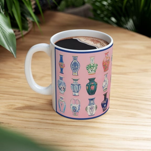Vase Pattern Ceramic Mug Antique Art Inspired Coffee Cup.