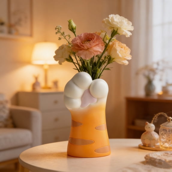 Vase,Resin Cat Paw Shape with Polished Finish,Cute Whimsical Style,Functional Flower Arrangement Decor for Living Room Office Shelf Bedroom Entryway Console Table(Orange)
