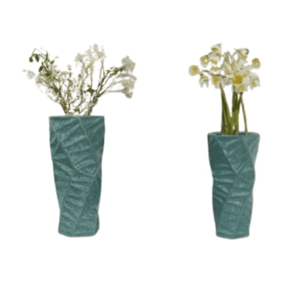 Aria Home Ceramic Vase Set of 2 Triangle 3D Pattern Teal Flower Vases Entryway Decor