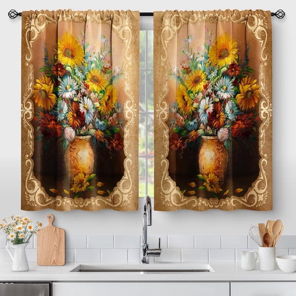 Vase Sunflower Retro Kitchen Curtains - Vintage Floral Art Rustic Spring Country Flowers Short Cafe Tier Curtains for Bathroom Rod Pocket Window Drapes 24 Inch Length 2 Panels 28"x24"