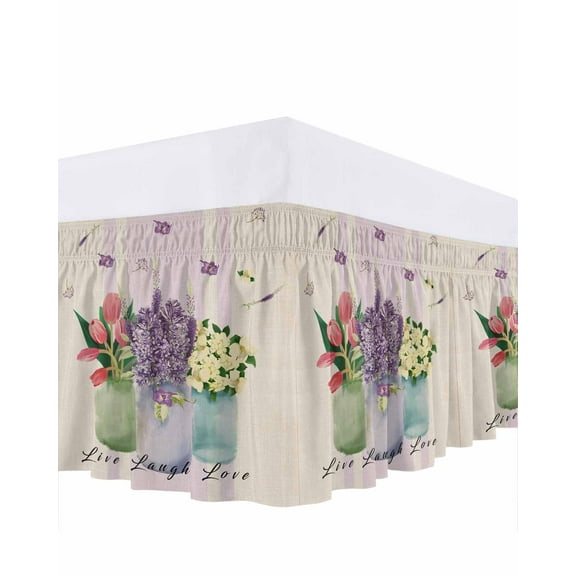 Vase Tulip Bed Skirt Lavender Jasmine Purple Striped Plant Linen Bed Skirts Queen Size 18 Inch Drop, Wrap Around Dust Ruffle&nbsp;Bedskirt with Adjustable Elastic Belt for Queen Size Beds