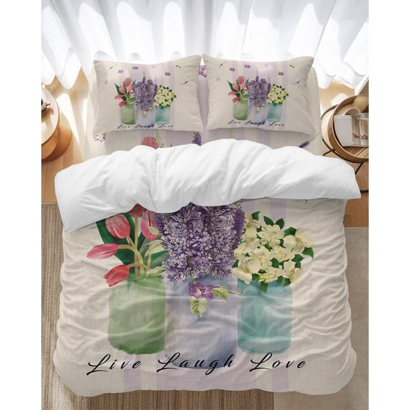 Vase Tulip Bedding Duvet Cover Set Full Size 4 Pieces Lavender Jasmine Purple Striped Plant Linen Bedding Set with Zipper Closure, 1 Comforter Cover 86x90 Inches 1 Flat Sheet & 2 Pillow Cases