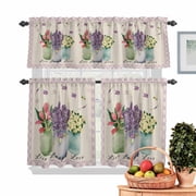 Vase Tulip Kitchen Curtains Valances 3 Piece Set, Lavender Jasmine Plaid Plant Linen Background Rod Pocket Tier Curtain and Valance Drapes for Small Window 36 Inch Length for Bedroom Cafe