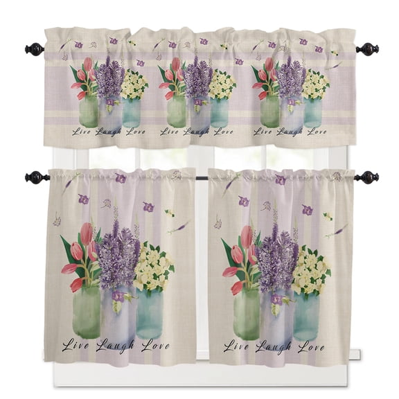 Vase Tulip Kitchen Curtains Valances and Tiers Set of 3, 24 Inch Length Tier Curtains and Valance Rod Pocket Valance Curtains Set for Kitchen Bathroom Small Windows