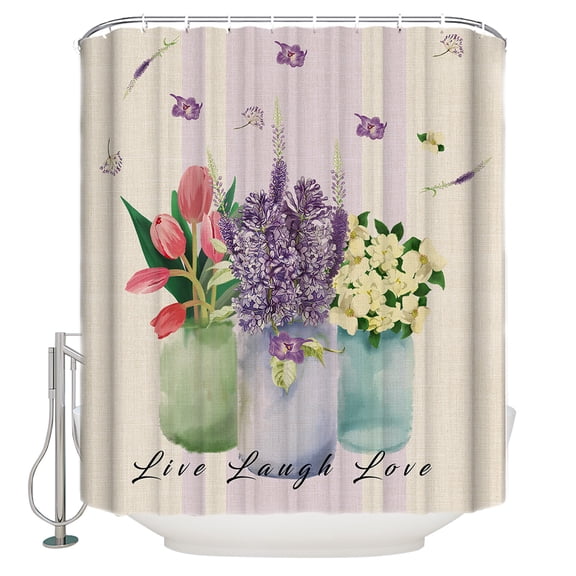 Vase Tulip Shower Curtain, 72" x 72", Lavender Jasmine Purple Striped Plant Linen Waterproof Bathroom Curtain Washable Shower Curtain Set with 12 Hooks