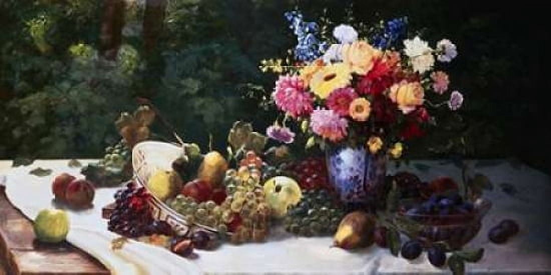 Vase of Flowers and Fruit on a Draped Table Canvas Art - Adam Burghardt (10 x 20)