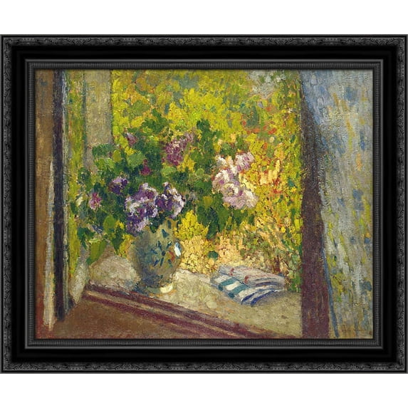 Vase of Flowers in a Window 20x20 Black Ornate Wood Framed Canvas Art by Martin, Henri