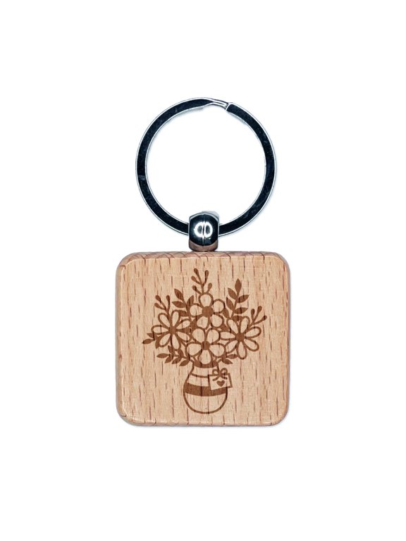 Vase with Bouquet of Flowers Square Keychain Charm Tag - Engraved Wood