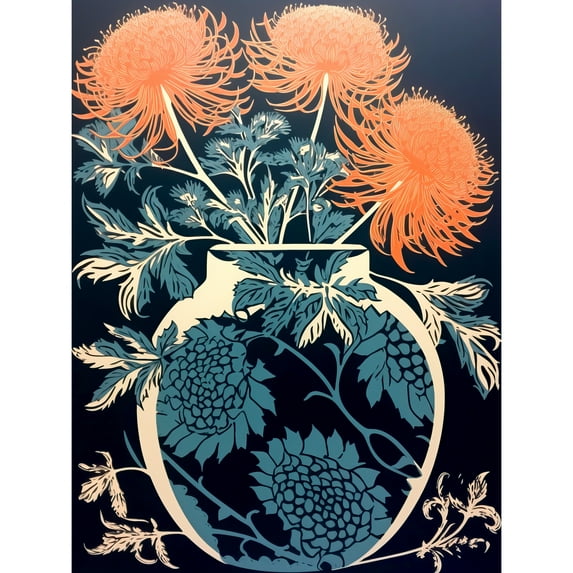 Vase with Flower Blooms and Thistles Floral Linocut Coral Pink Blue Scottish Plant Large Wall Art Poster Print Thick Paper 18X24 Inch
