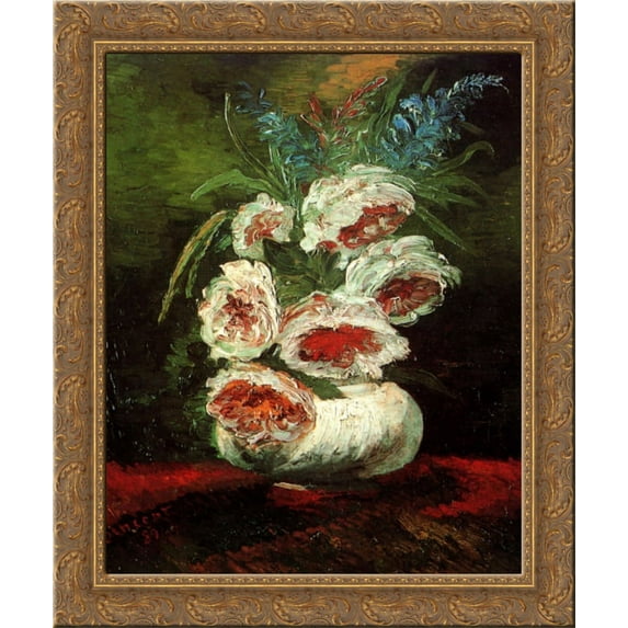 Vase with Peonies 24x20 Gold Ornate Wood Framed Canvas Art by Vincent van Gogh