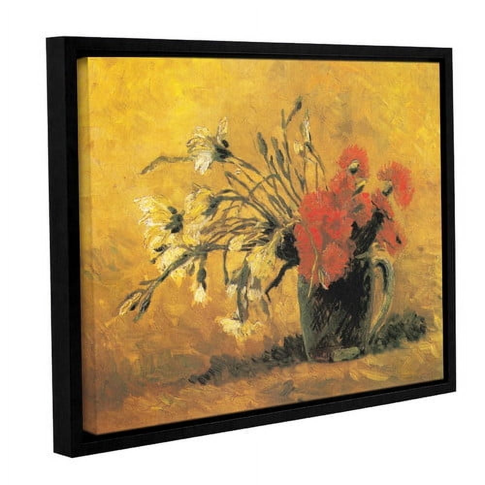 Vase with Red and White Carnation on a Yellow Background Gallery Wrapped Floater-framed Canvas