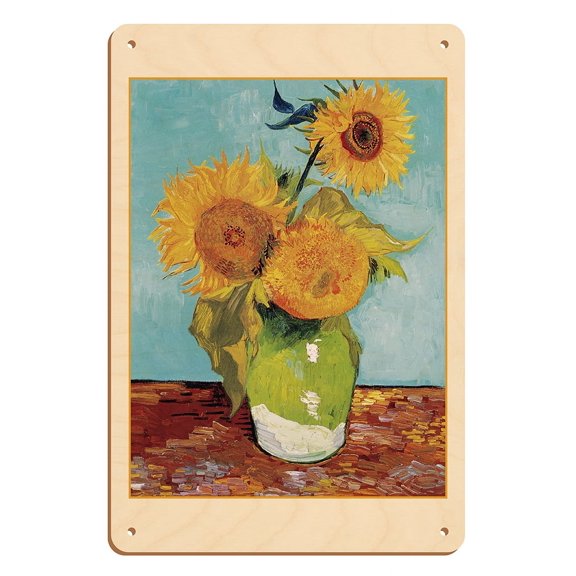 Vase with Three Sunflowers - From an Original Color Painting by Vincent van Gogh c.1888 - 8 x 12 inch Vintage Wood Art Sign