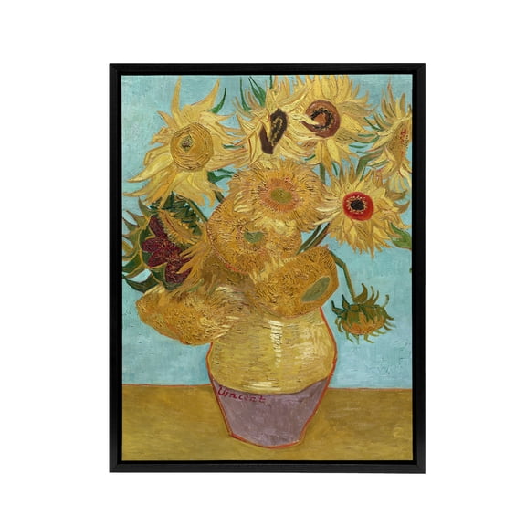 Vase with Twelve Sunflowers Van Gogh Vintage Black Framed Canvas Wall Art 12X16"