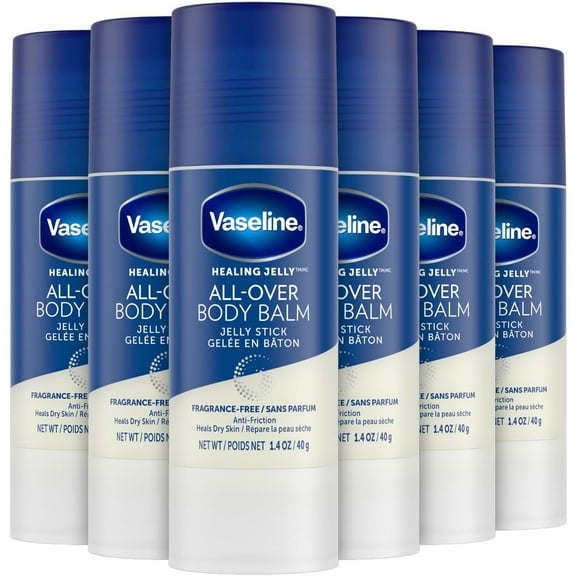 Vaseline All Over Body Balm Jelly Stick, Travel Size  Chafing Stick, Lotion for Extremely Dry Skin, Petroleum Jelly Sticks with Vitamin E for Glowing Skin, Unscented, 1.4 Oz Ea (Pack of 6)