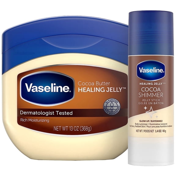 Vaseline Cocoa Butter Healing Jelly 13oz & Shimmer Stick 1.4oz - Radiant Moisturized Skin Bundle