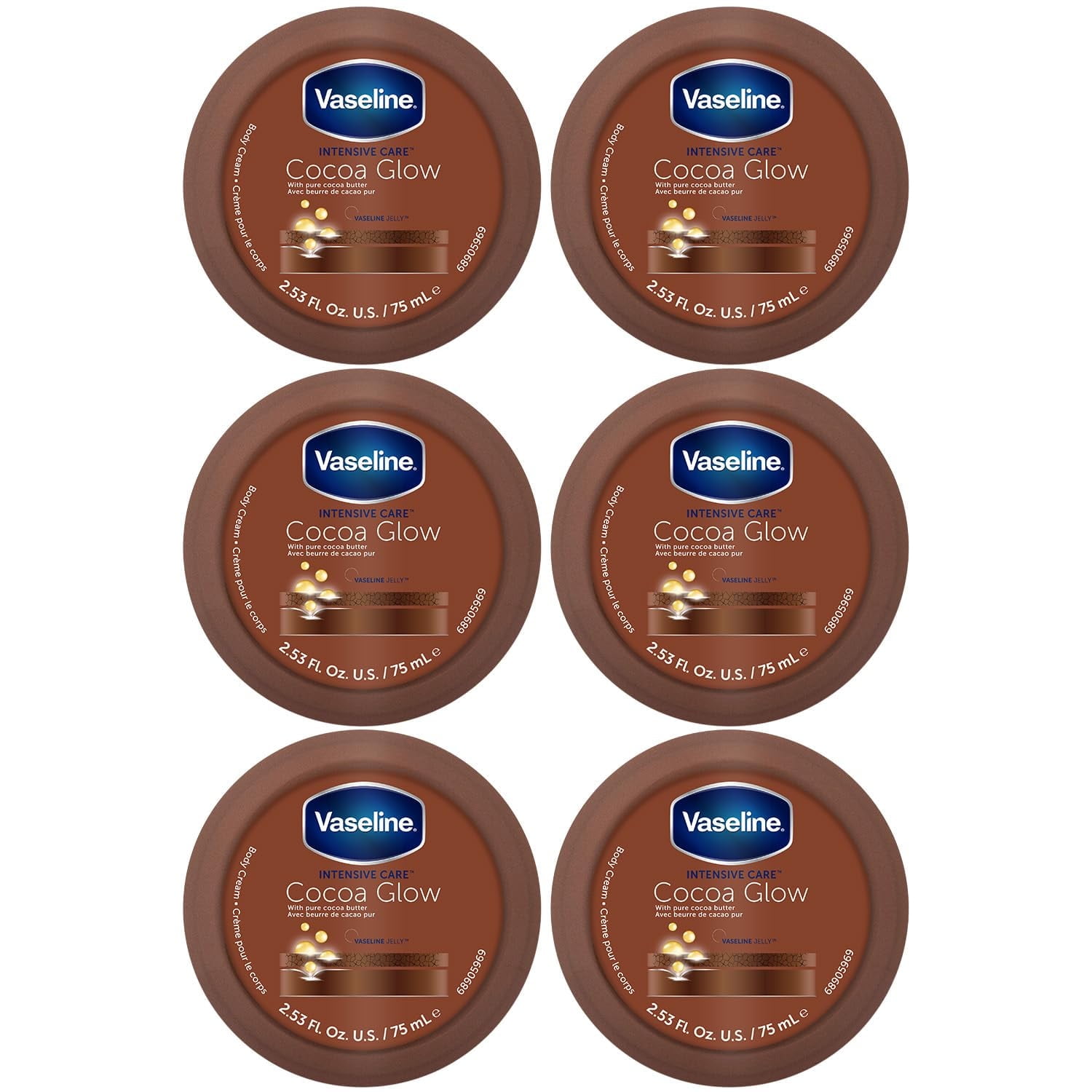 Vaseline Cocoa Glow Body Cream 6-Pack - Pure Cocoa Butter 48H Moisturizing Cream for Dry Skin, Travel-Size, 2.53 Fl Oz Ea MS