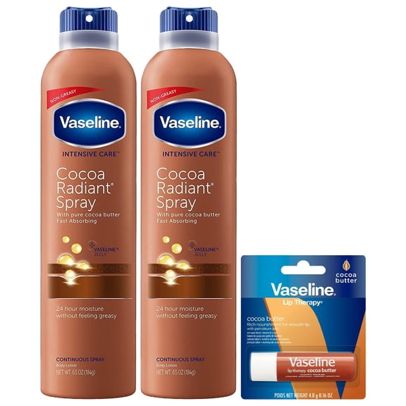 Vaseline Cocoa Radiant Spray Body Lotion 2-Pack + Lip Therapy Stick Quick, Non-Greasy Coverage That Leaves Skin Soft & Smooth | Includes a Moisturizing Lip Balm for Dry Lips