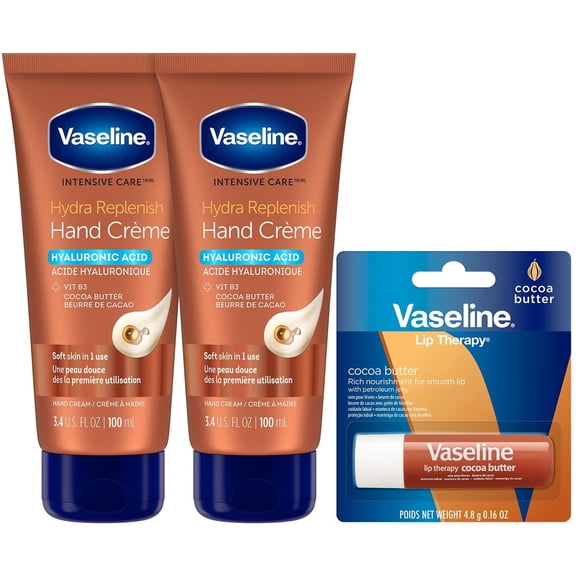 Vaseline Hand Cream 2-Pack Hydra Replenish Crme with Hyaluronic Acid, Niacinamide & Cocoa Butter for Soft Skin + Cocoa Butter Lip Therapy Tube with Petroleum Jelly