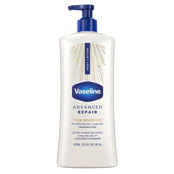 Vaseline Intensive Care Body Lotion for Dry Skin Advanced Repair Unscented Lotion Made with Ultra-Hydrating Lipids + Vaseline Jelly to Repair Extremely Dry Skin, 32 fl oz