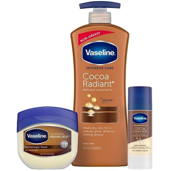 Vaseline Intensive Care Cocoa Radiant 3-Piece Bundle - Moisturizing Lotion (20.3 oz), Healing Jelly (7.5 oz), Shimmer Stick (1.4 oz) for Sensitive, Dry Skin