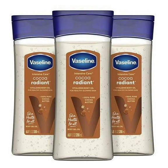 Vaseline Intensive Care Cocoa Radiant For Glowing Skin 3 Count Body Gel Oil Body Oil Made With 100% Pure Cocoa Butter + Replenishing Oils 6.8Oz Packaging May Vary - Pack of 2