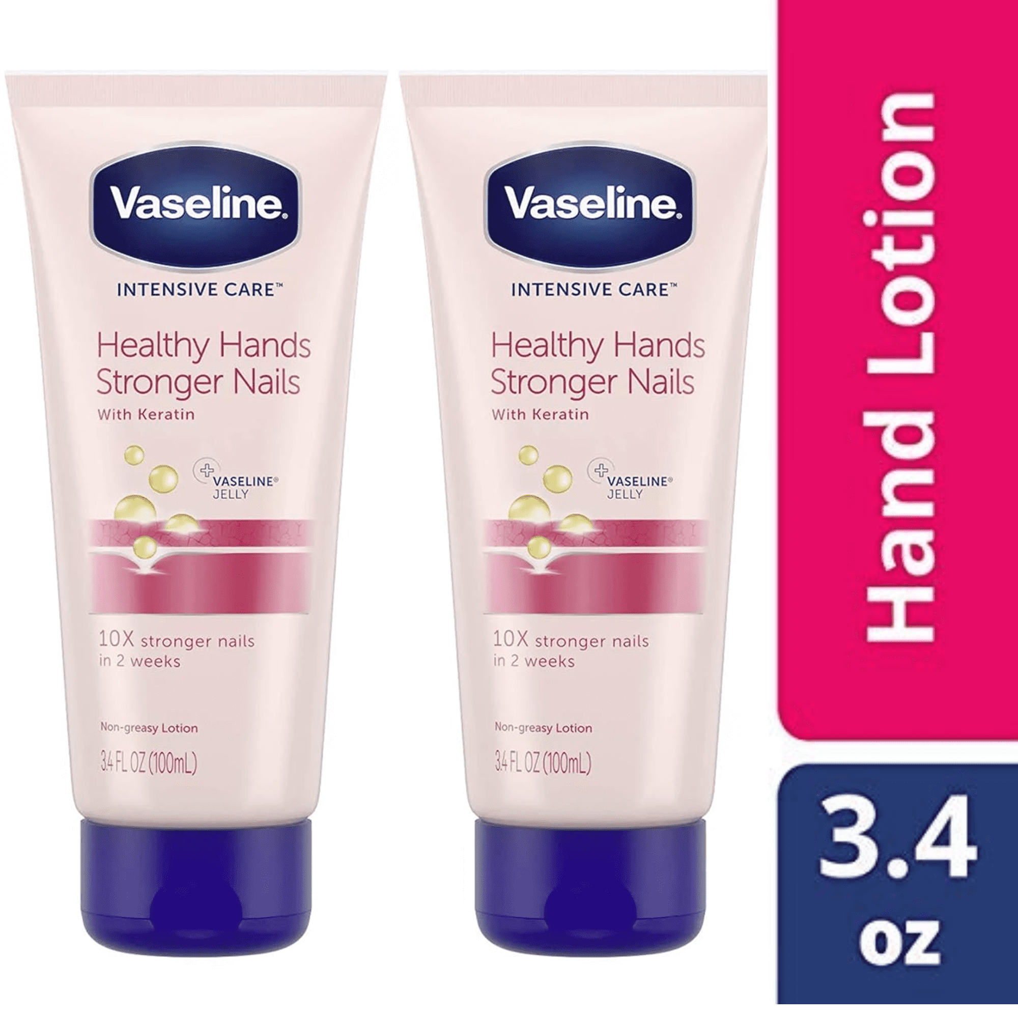 Vaseline Intensive Care Healthy Hands Stronger Nails Lotion Non Greasy with Keratin, Vitamin E, Moisturize Skin & Cuticles, Unscented Lotion, 3.4 FL Oz., (Pack of 2)