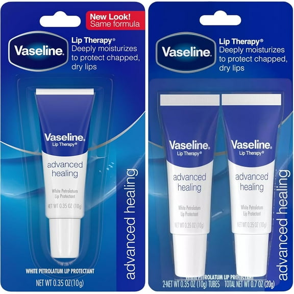Vaseline Lip Therapy Advanced Healing twin pack + White Petroleum Moisturizing Lip Balm for Extremely Dry Lips, 0.35 Oz Ea