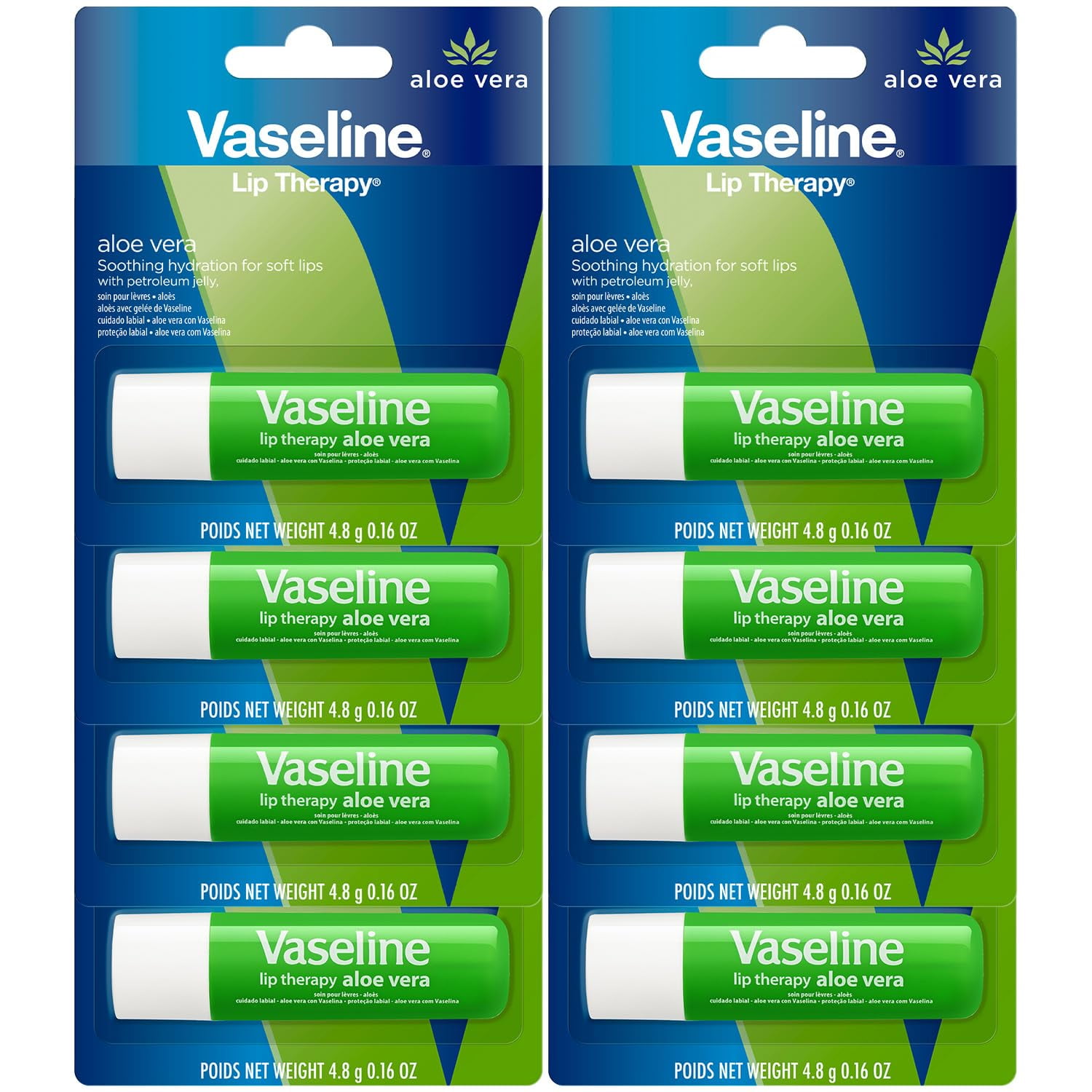 Vaseline Lip Therapy Aloe Fresh - Hydrating Lip Balm Pack, Vaseline Stick, Lip Moisturizer for Dry Lips, 0.16 Oz Each (Pack of 8)