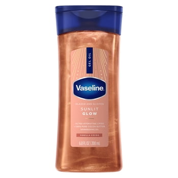 Vaseline Glazed & Glisten Sunlit Glow Vanilla Cocoa Shimmering Body Gel Oil with Ultra-Hydrating Lipids and 100% Pure Cocoa Butter, 6.8 fl Oz