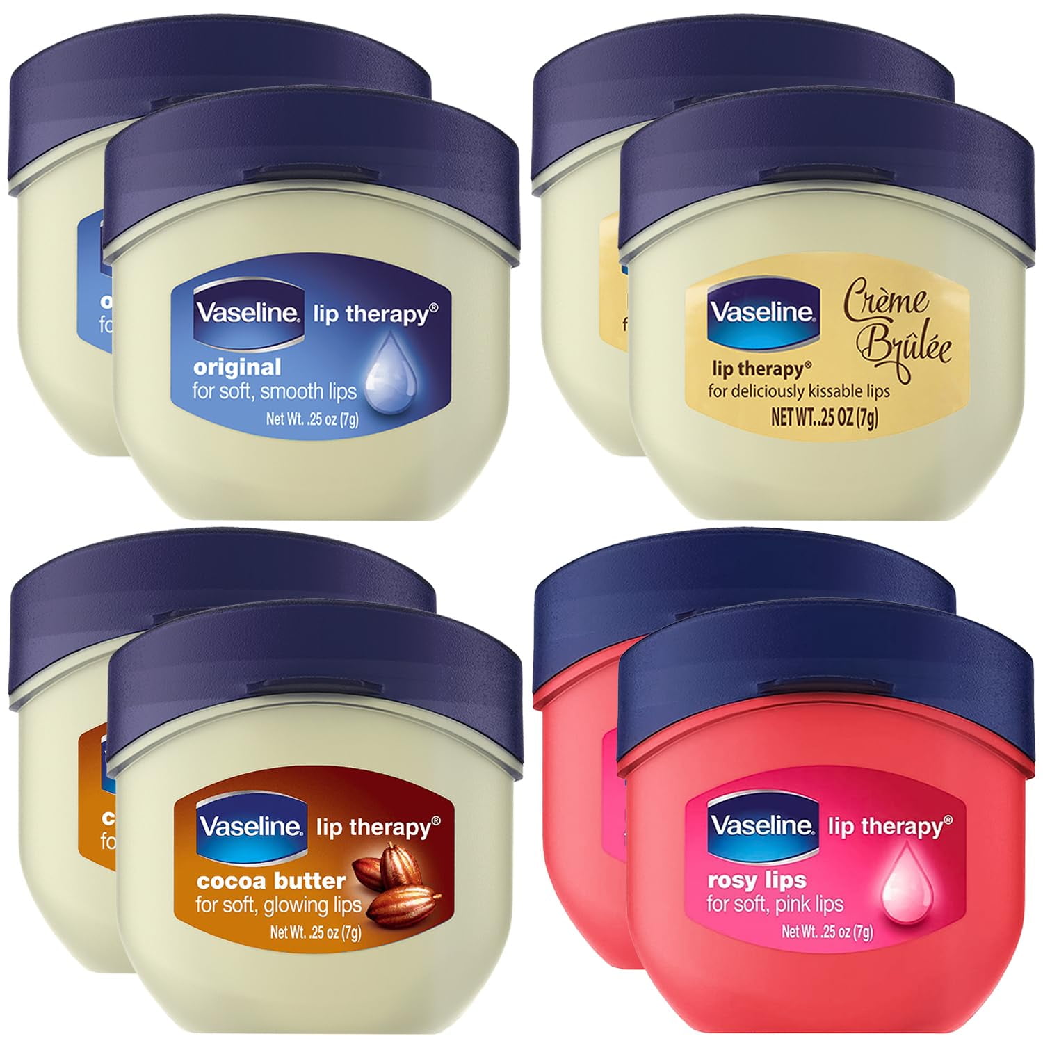 Vaseline Lip Therapy Rosy Lips, Cocoa Butter, Creme Brulee, Original - Vaseline Lip Balm, Tinted and Clear Lip Gloss Set, 2 of Each, 0.25 Oz Ea (8 Piece Set) BE4