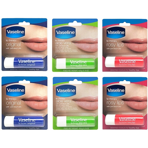 Vaseline Lip Therapy Stick with Petroleum Jelly Gift Set Includes Original, Rosy Lips, and Aloe - 6 Pack