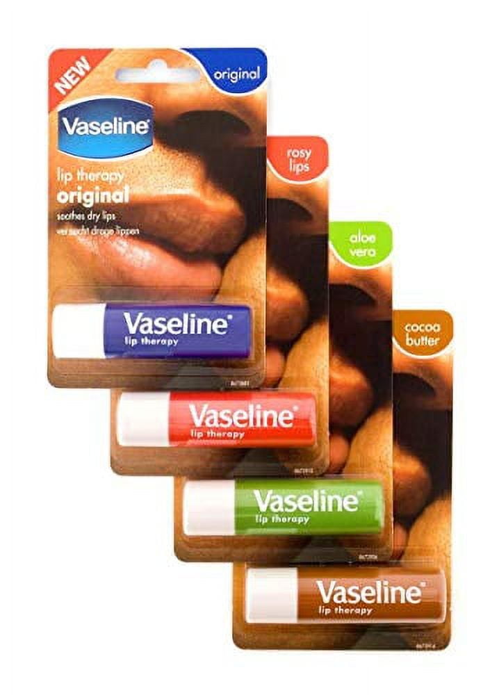 Vaseline Lip Therapy Stick with Petroleum Jelly (Original, Aloe Vera, Rosy Lips, Cocoa Butter)- 4pk