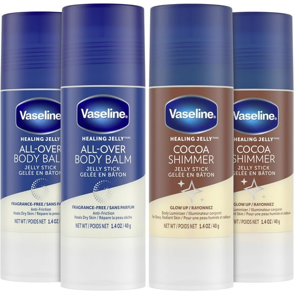 Vaseline Lotion Bundle, Cocoa Shimmer Jelly Stick Highlighter & Luminizer + All Over Body Balm Stick, Vaseline Cocoa Butter, Body Balm Skin Care Set, Petroleum Jelly for Dry Skin (2 Piece Set)