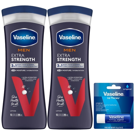 Vaseline Lotion For Men Extra Strength 3-In-1 For Face, Hands & Body + Original Lip Therapy For Dry Lips With Petroleum Jelly (3 Piece Set) Packaging May Vary