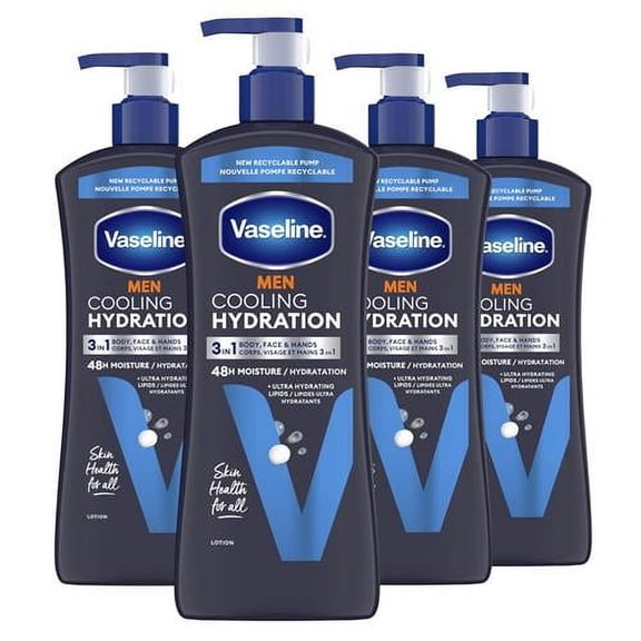 Vaseline Men Cooling Hydration 3-In-1 4 Pack For Dry Skin Face, Hands & Body Lotion For Men With Menthol & Ultra-Hydrating Lipids 20.3 Oz Packaging May Vary - Pack of 2
