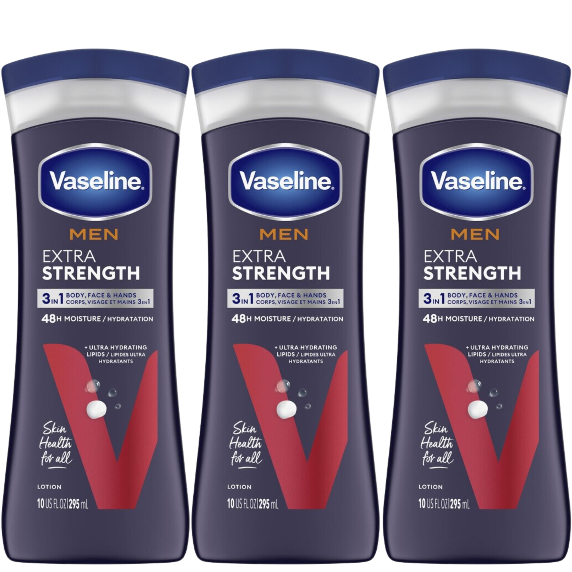 Vaseline Men Extra Strength Non Greasy Face and Body Lotion for Dry Skin, 10 fl oz Each (Pack of 3)