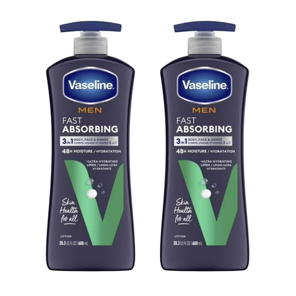 Vaseline Men Fast Absorbing Non Greasy Body Face and Hand Lotion All Skin, 20.3 oz (2 pack)